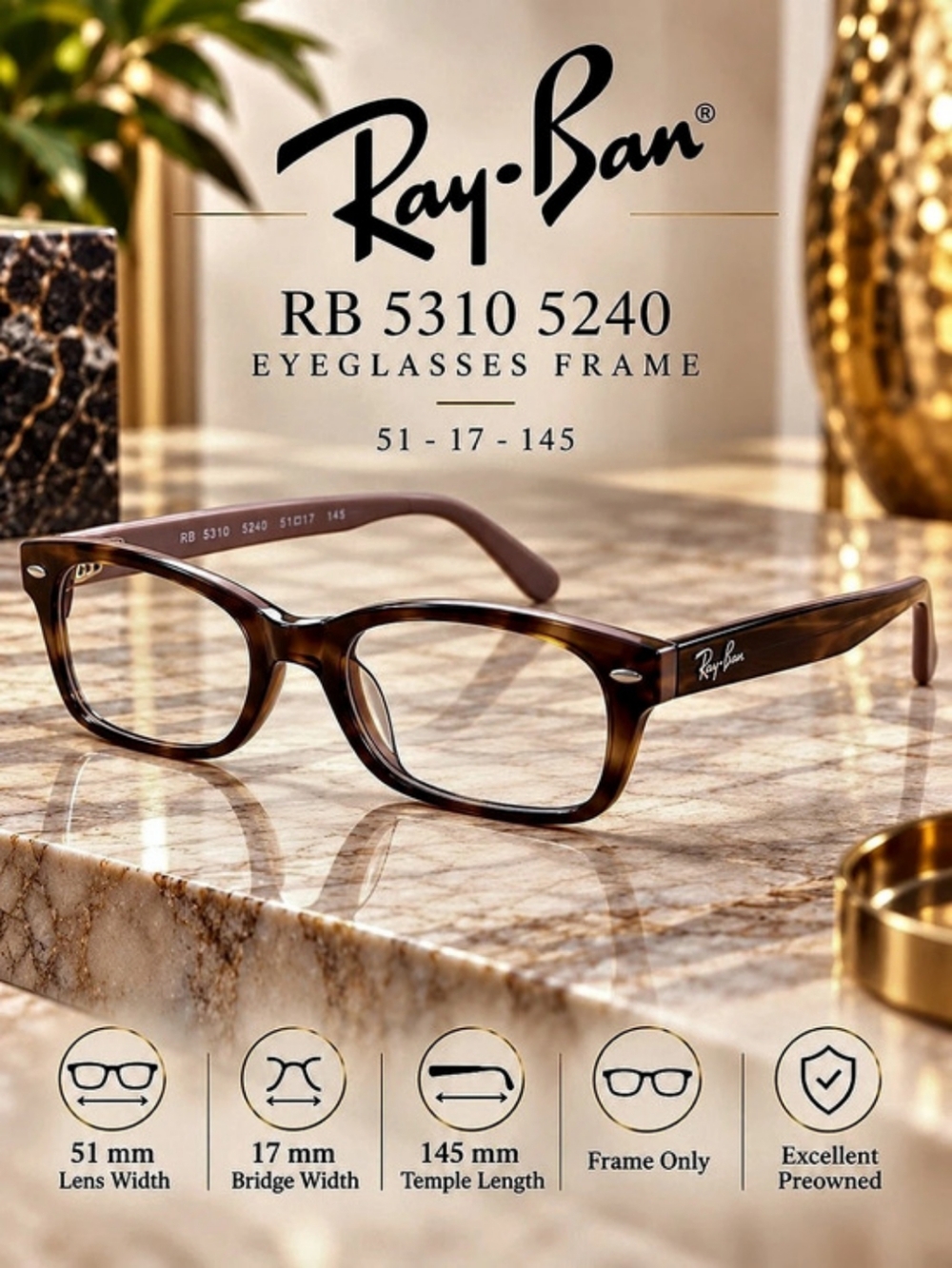 Ray-Ban RB 5310 5240 Tortoise Lavender Eyeglass Frames 51-17-145